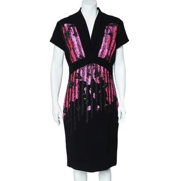 Pre Owned Bottega Veneta Black Crepe Contrast Trim Sheath Dress L