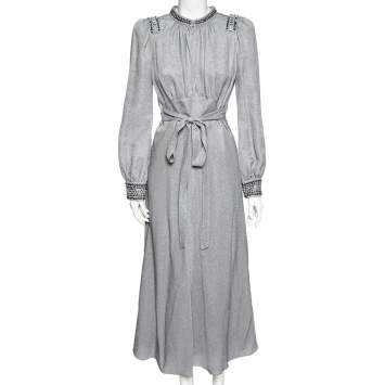 Pre Owned Bottega Veneta Blue Metallic Silk Embellished Belted Dress M