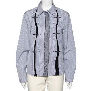 Pre Owned Bottega Veneta White and Blue Striped Cotton Lace and Studded Detailed Long Sleeve Shirt M