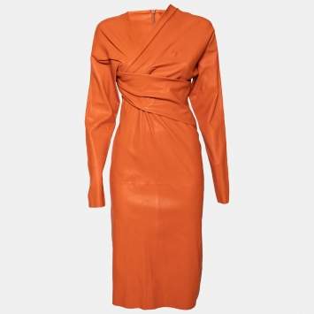 Pre Owned Bottega Veneta Orange Leather Wrap Detail Knee Length Dress S