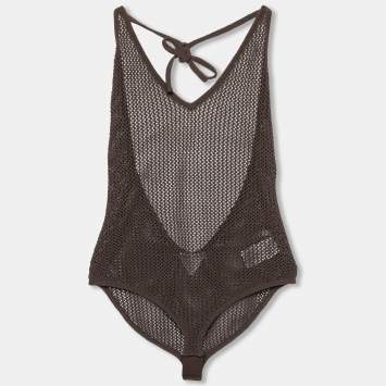 Pre Owned Bottega Veneta Brown Open Knit Halter Neck Bodysuit XL