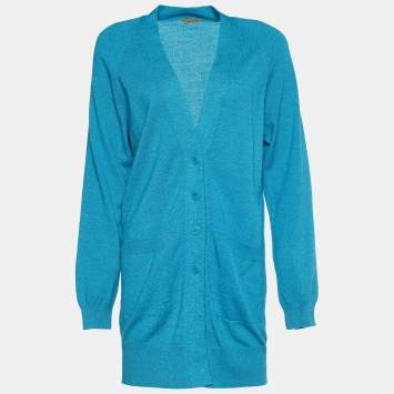 Pre Owned Bottega Veneta Blue Cotton Blend Rib Knit Cardigan S