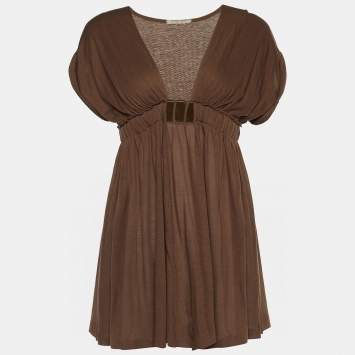 Pre Owned Bottega Veneta Brown Jersey Gathered Waist Top M