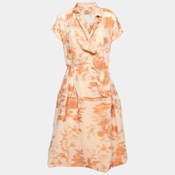 Pre Owned Bottega Veneta Orange Floral Embroidered Silk Wrap Detail Dress M