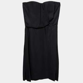 Pre Owned Bottega Veneta Black Synthetic Pleated Fringe Strapless Dress S