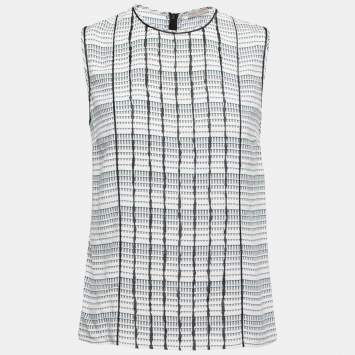 Pre Owned Bottega Veneta Black & White Geometric Printed Silk Sleeveless Top S
