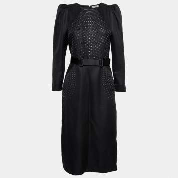 Pre Owned Bottega Veneta Black Crepe Studded Belted Dress M 