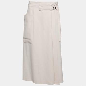 Pre Owned Bottega Veneta Cream Wool Buckled Waist Wrap Midi Skirt S