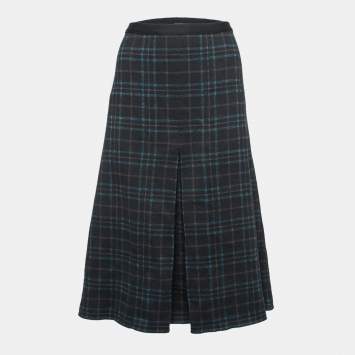 Pre Owned Bottega Veneta Black & Metallic Plaid Wool Pleated Midi Skirt L    