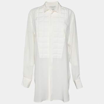 Pre Owned Bottega Veneta Ivory White Silk Grid Detail Dress Shirt M