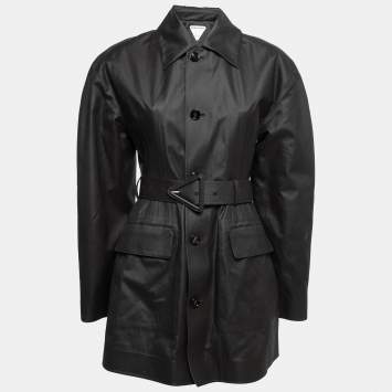 Pre Owned Bottega Veneta Black Coated Cotton Button Front Belted Coat XS
