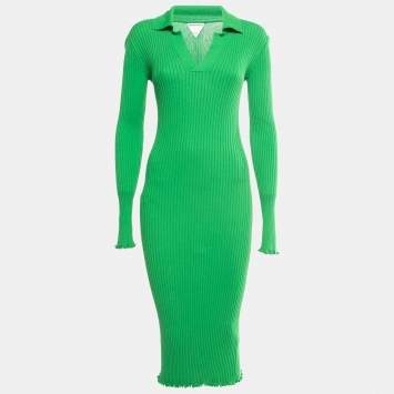 Pre Owned Bottega Veneta Green Ribbed Cotton Knit Collared Dress M