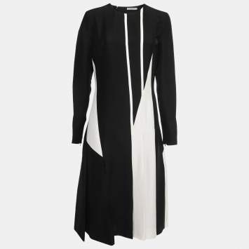 Pre Owned Bottega Veneta Monochrome Patterned Crepe Pleated Midi Dress M