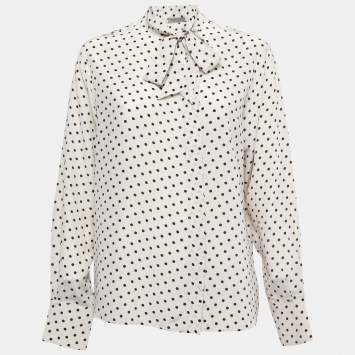 Pre Owned Bottega Veneta Off-White Polka Dotted Silk Tie Neck Detail Long Sleeve Blouse M