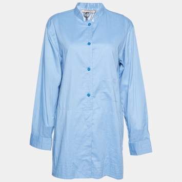 Pre Owned Bottega Veneta Blue Cotton Button Front Long Top S