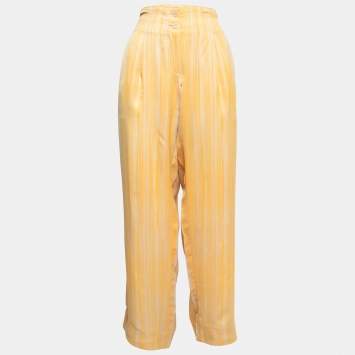 Pre Owned Bottega Veneta Yellow Striped Satin Wide Leg Trousers L