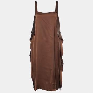 Pre Owned Bottega Veneta Brown Silk Satin Ruffle Detail Mini Dress L