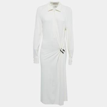 Pre Owned Bottega Veneta White Jersey Trim Detail Long Sleeve Midi Dress M