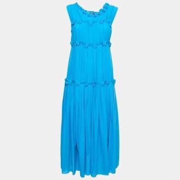 Pre Owned Bottega Veneta Blue Ruffled Cotton Sleeveless Midi Dress M