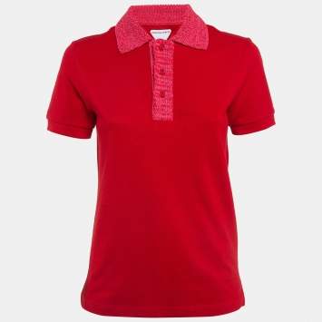 Pre Owned Bottega Veneta Red Contrast Knit Collar Piqué Knit Polo T-Shirt XS