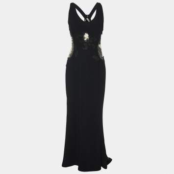 Pre Owned Bottega Veneta Black Lace Trim Crepe Sheer Cut-Out Gown M