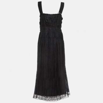 Pre Owned Bottega Veneta Black Silk Blend Pleated Lace Trim Midi Dress L