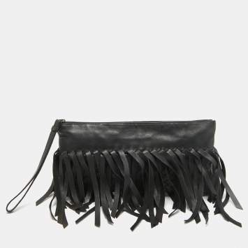 Pre Owned Bottega Veneta Black Intrecciato Leather Fringe Clutch