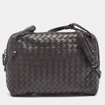 Pre Owned Bottega Veneta Dark Brown Intrecciato Leather Nodini Crossbody Bag