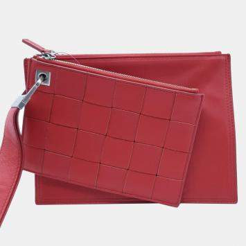 Pre Owned Bottega Veneta Red Leather Intrecciato Small Clutch
