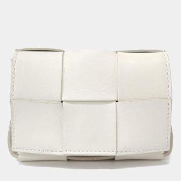 Pre Owned Bottega Veneta  White Lambskin Intrecciato Cassette Crossbody Bag 