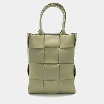 Pre Owned Bottega Veneta Green Leather Mini Cassette Tote Bag