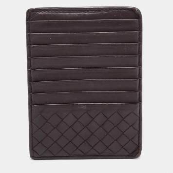 Pre Owned Bottega Veneta Dark Burgundy Intrecciato Leather Zip Card Holder