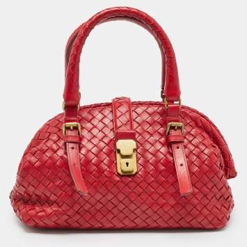 Pre Owned Bottega Veneta Red Intrecciato Leather Pushlock Flap Satchel