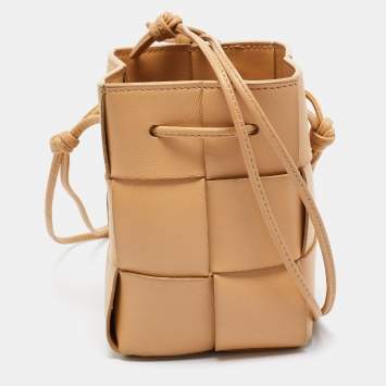 Pre Owned Bottega Veneta Beige Intreccio Leather Mini Cassette Bucket Bag