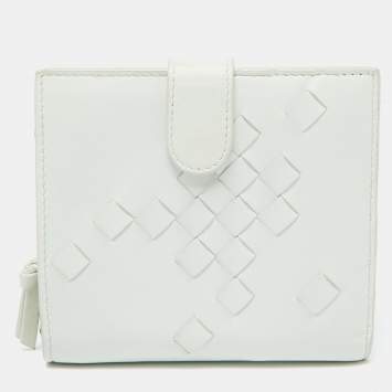 Pre Owned Bottega Veneta Off White Intrecciato Leather Compact Wallet