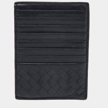 Pre Owned Bottega Veneta Dark Blue Intrecciato Leather Zip Card Holder