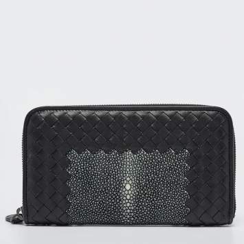 Pre Owned Bottega Veneta Black/Grey Intrecciato Leather and Stingray Zip Around Wallet