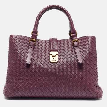 Pre Owned Bottega Veneta Plum Intrecciato Leather Medium Roma Tote