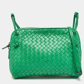 Pre Owned Bottega Veneta Green Intrecciato Leather Nodini Crossbody Bag
