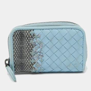Pre Owned Bottega Veneta Blue Intrecciato Leather and Karung Leather Coin Purse 