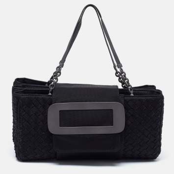 Pre Owned Bottega Veneta Black Intrecciato Canvas Buckle Flap Shoulder Bag