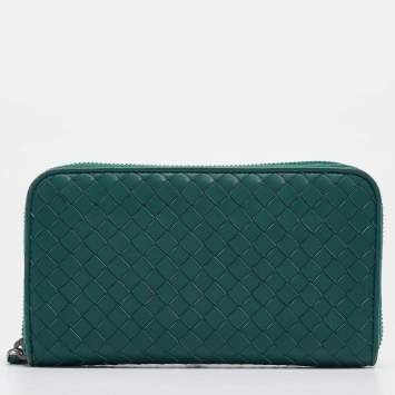 Pre Owned Bottega Veneta Dark Green Intrecciato Leather Continental Wallet