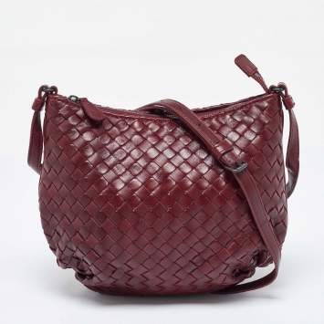 Pre Owned Bottega Veneta Burgundy Leather Top Zip Crossbody Bag