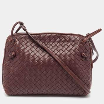 Pre Owned Bottega Veneta Burgundy Intrecciato Leather Nodini Crossbody Bag