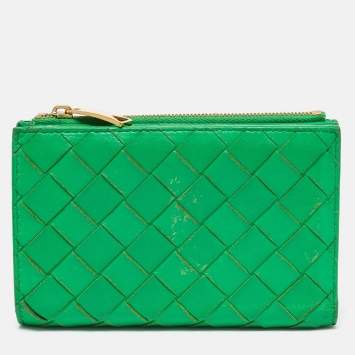 Pre Owned Bottega Veneta Green Intrecciato Leather Bifold Wallet