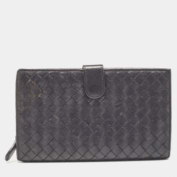 Pre Owned Bottega Veneta Black Intrecciato Leather French Flap Wallet