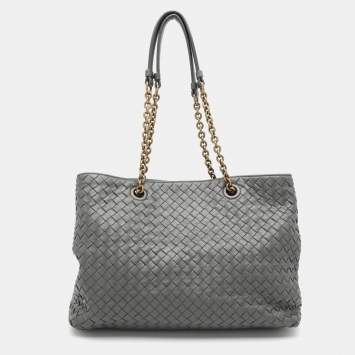 Pre Owned Bottega Veneta Grey Intrecciato Leather Chain Tote