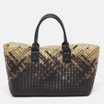 Pre Owned Bottega Veneta Ombre Black/Cream Intrecciato Leather and PVC Cabat Tote