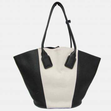Pre Owned Bottega Veneta Black/Off-white Leather and Canvas Basket Large Tote Bag