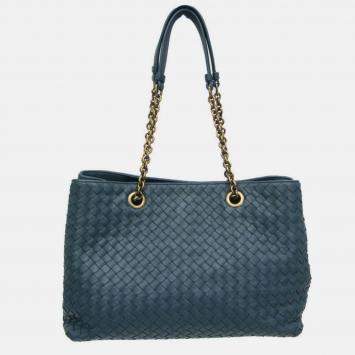 Pre Owned Bottega Veneta Dark green Intrecciato Leather Chain Tote Bag